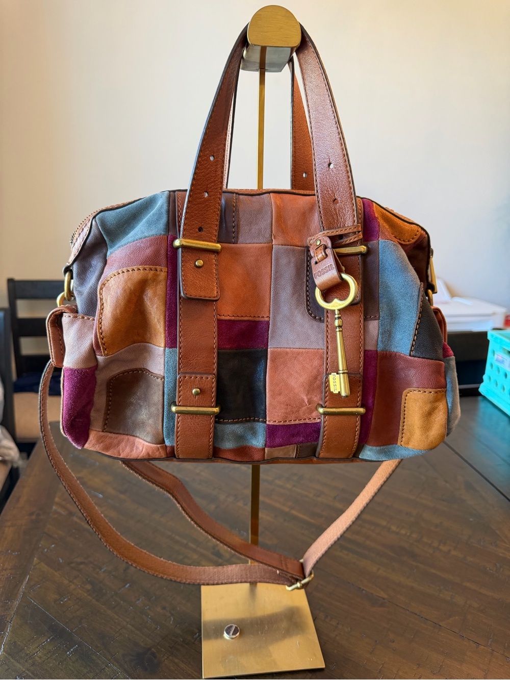 Fossil Mason Patchwork Leather Satchel - Brown, Tan, Blue, Burgundy, Gray